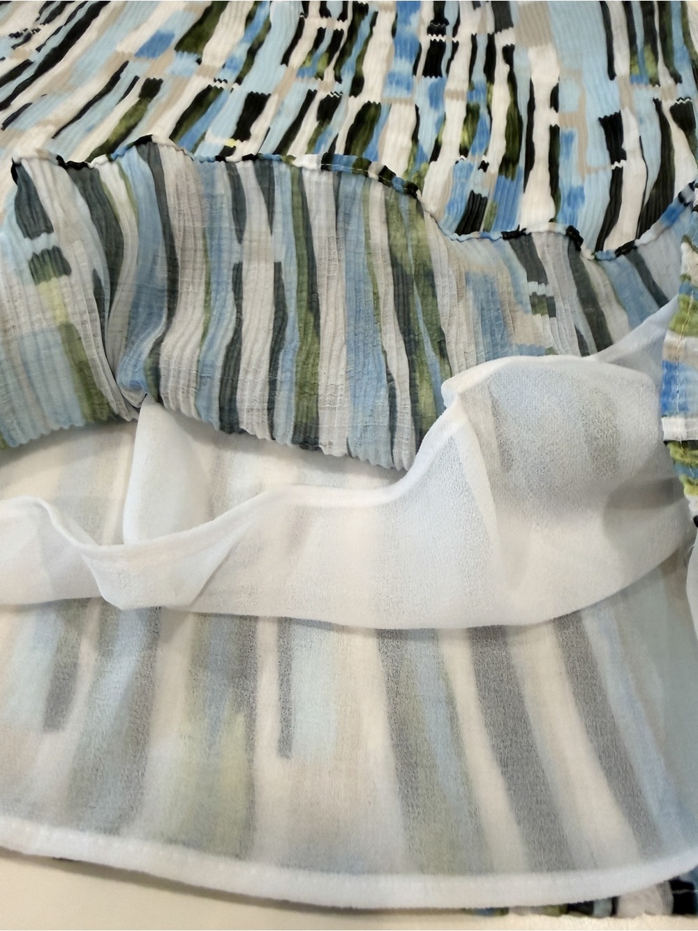 Calvin Klein Abstract Stripe Ruffle Neck Sleeveless Blouse Top Blue Green M NWT - Picture 11 of 15